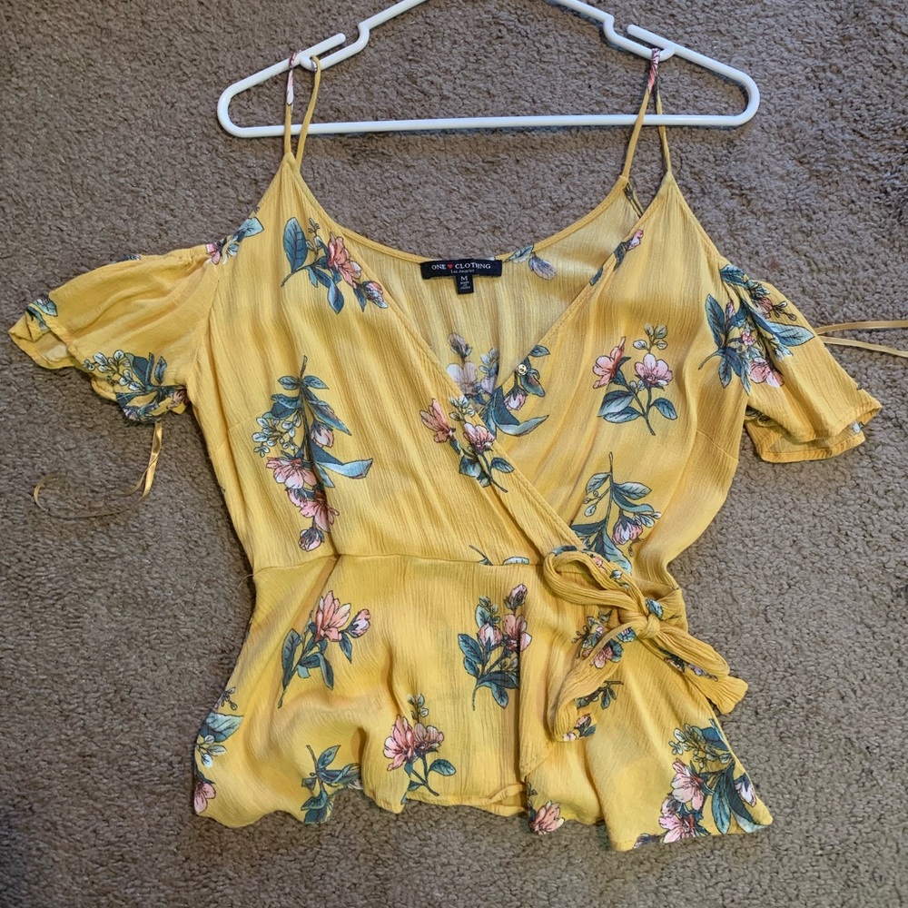 Yellow Floral Wrap Cold Shoulder Top